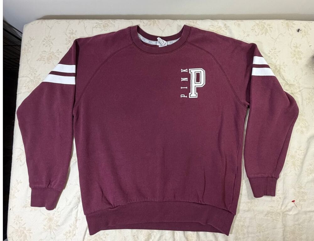 Victoria's Secret PINK Women's Small Burgundy Varsity Stripe Crewneck Sweatshirt